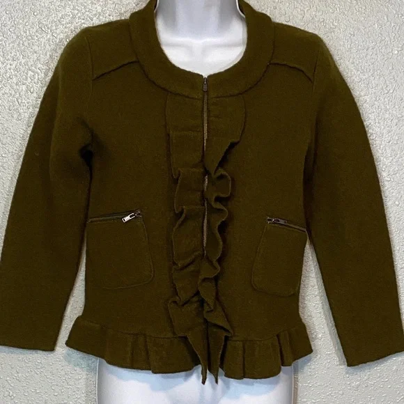 LOFT 100% Merino Wool Olive Green Ruffle Front Women's Jacket/Cardigan - Picture 4 of 8